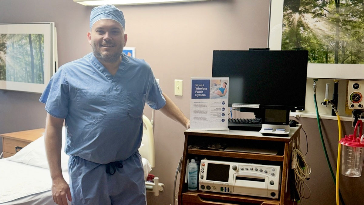 Dr. Corey Smith with newly donated wireless fetal monitor at NARMC
